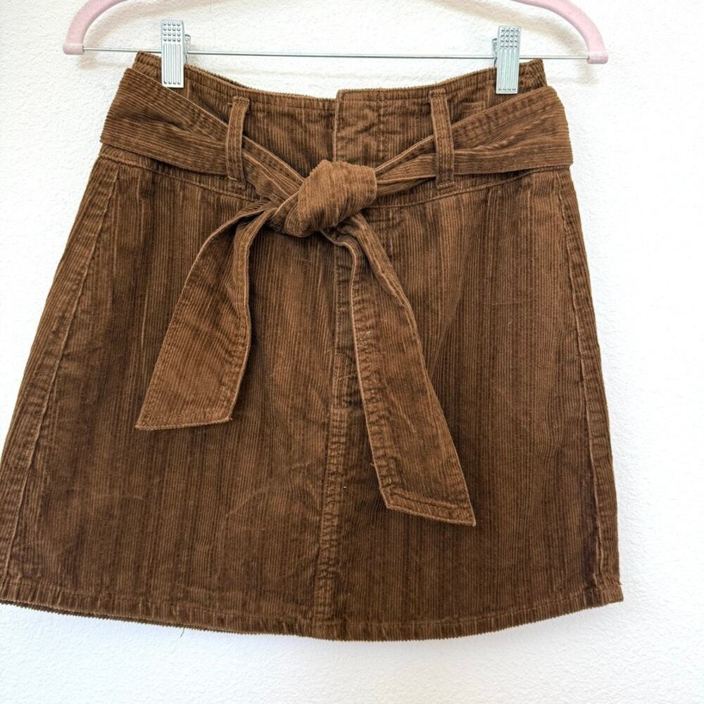 REWASH Corduroy Mini Skirt‎ Brown 100% Cotton Tie Waist Y2K Indie Women 3/25